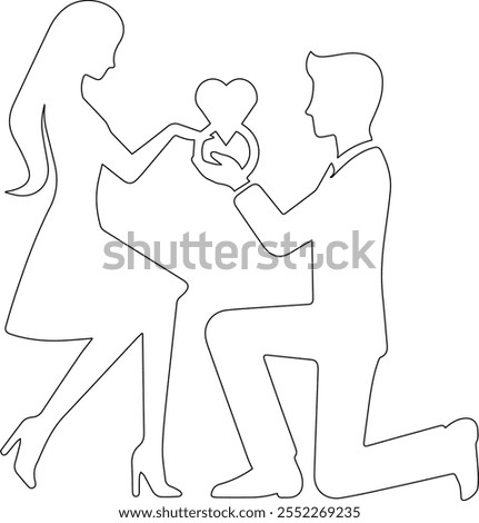 A minimalist line art vector design depicting a person on one knee, holding a ring box in a heartfelt marriage proposal, perfect for romantic and wedding-themed projects.