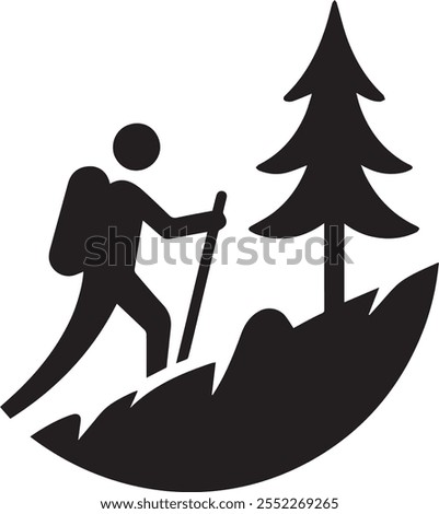A minimalist line art vector design depicting a person hiking with a stick, capturing the essence of adventure and exploration through simple, fluid lines.