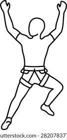 Minimalist line art vector of a faceless male rock climber wearing a safety harness. Simple outline illustration of an athlete climbing.