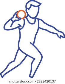 Minimalist line art vector of faceless male shot putter athlete in throwing motion on white background.