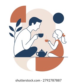Minimalist line art vector of a father having a tea party with his young daughter, set against abstract geometric shapes. Ideal for Father's Day.
