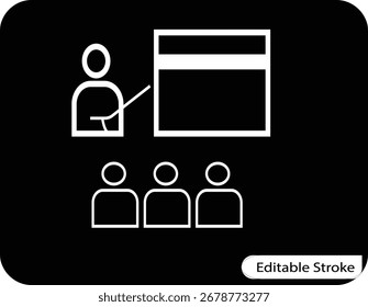  Um ícone de vetor de arte de linha minimalista mostrando um alto-falante apresentando a um público. Ideal para aplicativos e sites relacionados a educação, negócios e treinamento.
