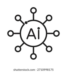 Ícone minimalista do vetor da arte de linha de um círculo central rotulado 'Ai' com nós de irradiação, simbolizando um hub de processamento de IA, rede central ou nó de aprendizagem profunda.