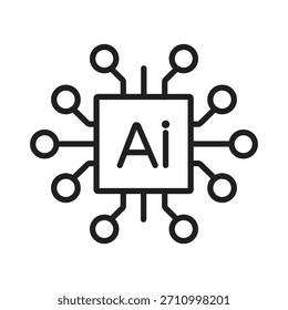 Ícone vetor de arte de linha minimalista de um microchip AI quadrado com nós externos, simbolizando hardware de núcleo simplificado para aprendizagem e processamento de máquina.