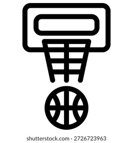 Minimalistisches Linienkunst-Vektorsymbol, das einen Basketballkorb, eine Rückwand und einen Ball darstellt, der Sport, Wettkampf, Leistung oder körperliche Aktivität darstellt, einzeln auf sauberem, weißem Hintergrund.