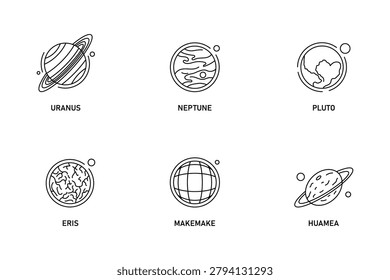 Minimalist line art vector icon set of outer planets and dwarf planets including Uranus, Neptune, Pluto, Eris, Makemake and Haumea