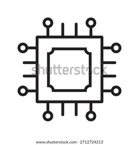 Minimalist line art vector icon of a generic computer microchip with connection pins, symbolizing hardware for computing, electronics, and processing units.