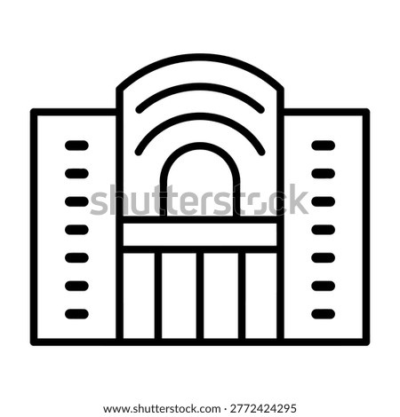 A minimalist line art vector icon representing a large public building, such as a sports stadium, arena, or convention center. Ideal for web design, mobile applications, and graphic projects.