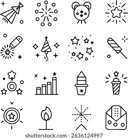 Minimalist Line Art Vector Icons of Fireworks and Party Celebration Elements