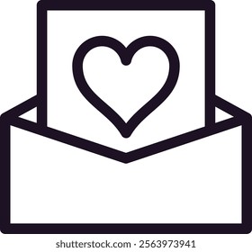 Minimalist line art vector illustration featuring a love letter with a heart symbol emerging from an open envelope, capturing themes of romance and affection