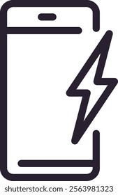 Minimalist line art vector illustration depicting a smartphone being charged, with a lightning bolt symbol representing fast charging, conveying the concept of mobile technology and power