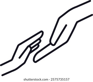 Minimalist line art vector illustration depicting two hands almost touching each other, symbolizing human connection, help, support, and kindness