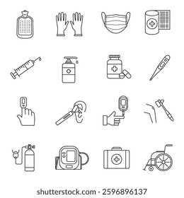 Minimalist line art vector illustration of medical equipment and healthcare icons, including masks, syringes, thermometers, and first aid essentials