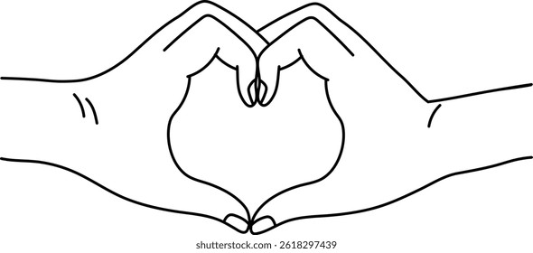 Minimalist line art vector illustration featuring three hand gestures: holding hands, heart shape gesture, and intertwined pinkies with hearts, symbolizing love, connection, trust, and emotional bonds