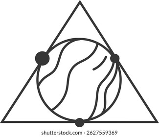 Minimalist line art vector illustration depicting planet earth inside a triangle with three dots representing connection points, symbolizing global network, communication or data exchange