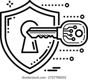 A minimalist line art vector illustration depicting a shield and a key with a circuit board design. This icon represents digital security, data protection, access control, and cybersecurity solutions. Ideal for websites, applications, and presentations related to technology and information security.