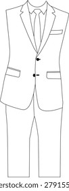 Minimalist line art vector illustration of a classic men's formal suit with a tie and trousers. Black and white outline icon of corporate business attire isolated on a white background.