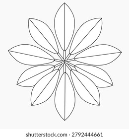 Minimalist line art vector illustration of a tropical umbrella plant leaf rosette (schefflera or octopus tree foliage) in a clean outline design. The flat icon features a highly detailed, circular palmate leaf structure with ten teardrop-shaped leaflets and subtle central veins radiating symmetrically from a single central point, drawn with fine black lines and isolated on a solid white background.