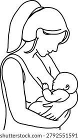 Minimalist line art vector illustration of a mother breastfeeding her baby. Elegant motherhood and infant care concept representing maternal love, nurturing, bonding, breastfeeding, childcare, and early childhood development. Ideal for healthcare, parenting, maternity, baby care, educational materials, and family-related designs.