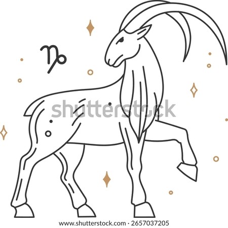 Minimalist line art vector illustration of Capricorn zodiac sign, represented by an ibex walking among golden stars, symbolizing astrology, horoscope, and celestial themes