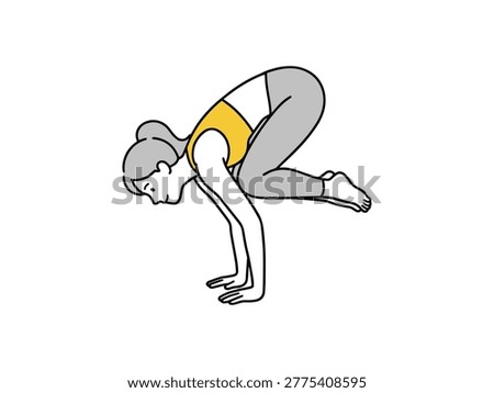 A minimalist line art vector illustration of a woman performing the Bakasana or Crow yoga pose, showcasing physical balance and core strength in a modern flat design style.