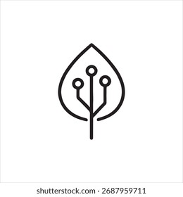 Minimalist line art vector of a leaf combined with a digital circuit symbol. Perfect for eco technology, green energy, nature innovation, or environmental tech branding design.