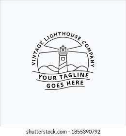 Minimalist line art vector of lighthouse logo with mountain and ocean waves illustration design