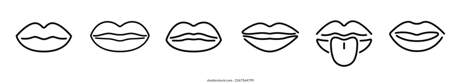 Minimalist Line Art Vector Lips Icon Set Showing Various Expressions and Tongue Out.