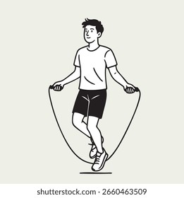 Minimalist line art vector of a man exercising. Clean black and white design, full body, flat style, isolated on white. Represents health, fitness, movement, and daily workout routine.
