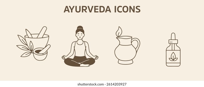 Minimalist line art vector set inspired by Ayurveda, featuring herbal elements, dosha symbols, spa therapy, and wellness icons. Ideal for health, spa, and holistic design projects.