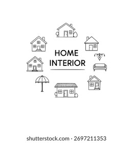 Conjunto de vetor de arte de linha minimalista com vários ícones de casa e elementos interiores, como sofá, lustre e guarda-chuva