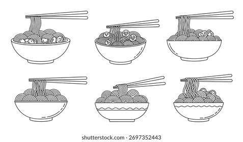 Minimalist line art vector set depicting various styles of delicious ramen noodle bowls with chopsticks, ideal for Asian cuisine designs.