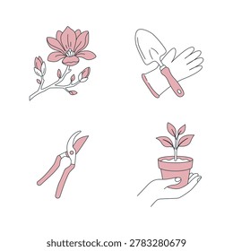 Minimalist line art vector set featuring spring blooming magnolia, gardening tools, and plant care.