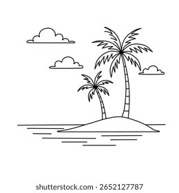 Minimalist line art vector of a tropical island featuring palm trees, calm waters, and soft clouds in the sky