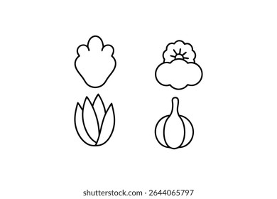 Minimalist line art vector of vegetables and fruits isolated on white background. Perfect for healthy food, organic markets, and botanical design projects. EPS and PNG included.
