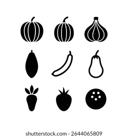 Minimalist line art vector of vegetables and fruits isolated on white background. Perfect for healthy food, organic markets, and botanical design projects. EPS and PNG included.