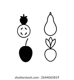 Minimalist line art vector of vegetables and fruits isolated on white background. Perfect for healthy food, organic markets, and botanical design projects. EPS and PNG included.
