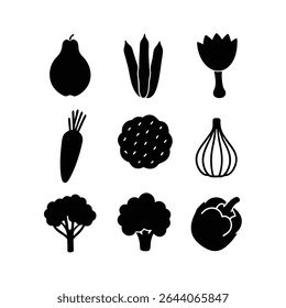 Minimalist line art vector of vegetables and fruits isolated on white background. Perfect for healthy food, organic markets, and botanical design projects. EPS and PNG included.