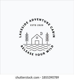 Minimalist line art vector of vintage lakeside cabin, pine tree and moon fit for cabin rental company logo, sticker, and badge