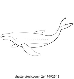 Arte minimalista em linha de uma baleia, perfeita para projetos de conservação oceânica, visuais de biologia marinha, projetos de educação animal e gráficos com temática de vida selvagem aquática.