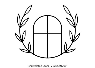 Arte de Linha Minimalista da Janela Cercada por Folhas