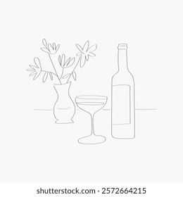 Minimalist line art of a wine bottle, glass, and vase with flowers. Simple, elegant design with clean lines. Perfect for modern decor. Simple black line art doodle vector.