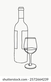 Minimalist line art of a wine bottle and glass. Simple, elegant design. Perfect for wine lovers and art enthusiasts. Clean, modern aesthetic. Simple black line art doodle vector.