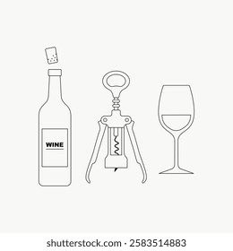 Minimalist line art of a wine bottle, corkscrew, and wine glass. Simple wine-themed illustration. Wine, corkscrew, and glass in minimalist style. Line art illustration vector.