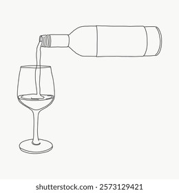 Minimalist line art of wine pouring into a glass. Simple, elegant design with a focus on wine and glass. Perfect for wine lovers and art enthusiasts. Simple black line art doodle vector.