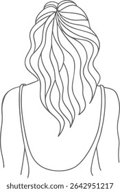 Minimalist line art of woman from back with wavy hair in ponytail, perfect for fashion design, beauty branding, feminine artwork, digital prints, hairstyle guides, and tattoo sketches.