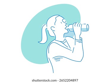 arte minimalista da linha de uma mulher bebendo de uma garrafa, simbolizando hidratação, estilo de vida saudável e refresco.