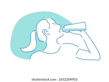 arte minimalista da linha de uma mulher bebendo de uma garrafa, simbolizando hidratação, estilo de vida saudável e refresco.