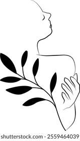 Minimalist line art. Woman embracing nature, connecting with peace and tranquility. Relax, spa. Illustration, black and white vector