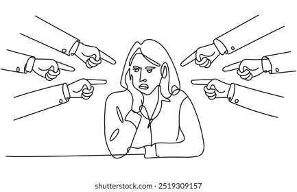 Minimalista Line Art of Woman Facing Accusation by Pointing Fingers Symbolic Illustration of Blame, Stress, and Social Judgment" (Arte minimalista de linha de mulher enfrentando acusações ao apontar os dedos, ilustração simbólica de culpa, estresse e julgamento social)